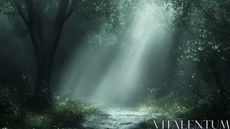 Misty Forest Pathway. Ethereal Light Through Ancient Trees