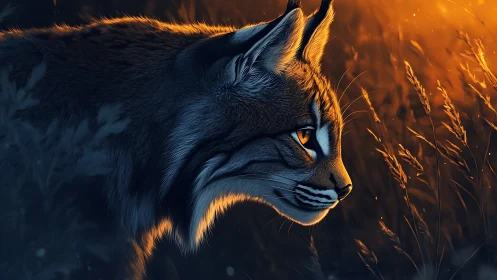 Golden dusk watcher: wild cat glowing in twilight fields.