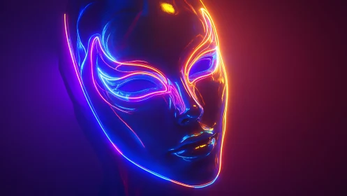 Neon outlined chrome mask on vivid purple gradient background.