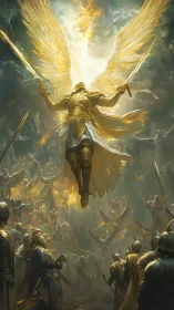 Radiant archangel commander descending over armored host.