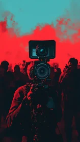 Cinematographer framed against duotone protest crowd with bold contrast
