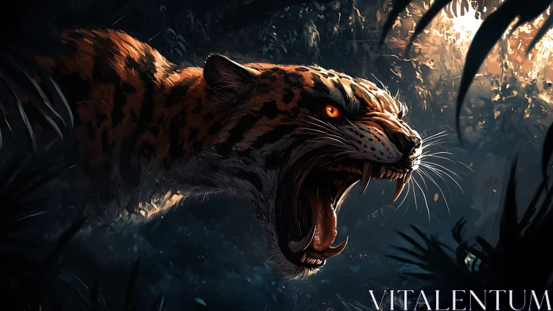 Predator's Snarl: Spotted Leopard Against Darkened Jungle.