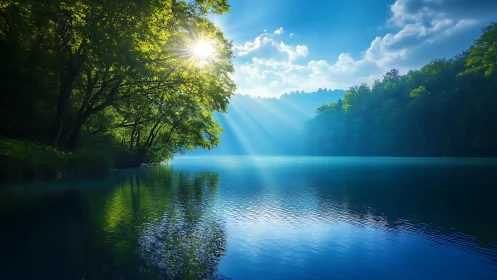 Sunlit forest lake with radiant morning light beams.