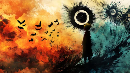 Lone anime figure gazes at splattered eclipse sky divide.