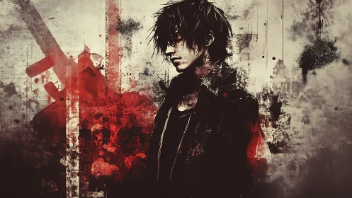 Brooding anime loner amid grunge red abstract splashes.