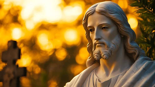 Serene marble Christ statue glows in warm sunset light.
