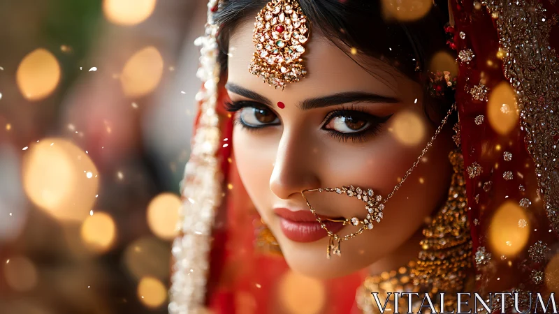 Glimmer-eyed bridal muse wrapped in molten marigold light.