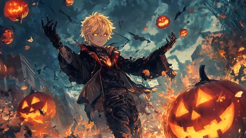 Halloween-themed anime figure amid pumpkins and fire.