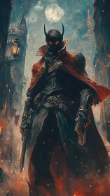 Masked gunfighter stands in burning gothic city street.