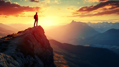 Sunlit mountaineer on rocky summit ridge at golden hour.
