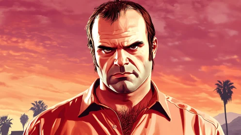 Digital painting portrait under neon sunset sky gradient.