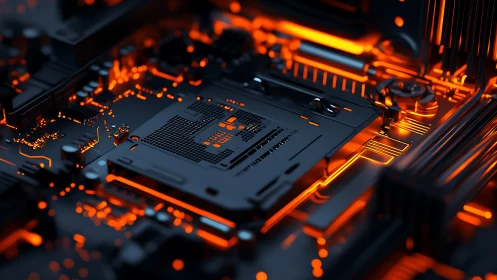 Glowing motherboard socket renders illuminated circuit details