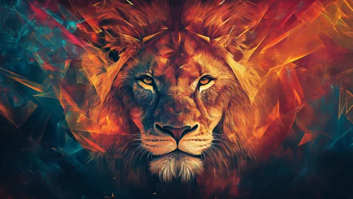 Roaring lion portrait amid prismatic cosmic flames.
