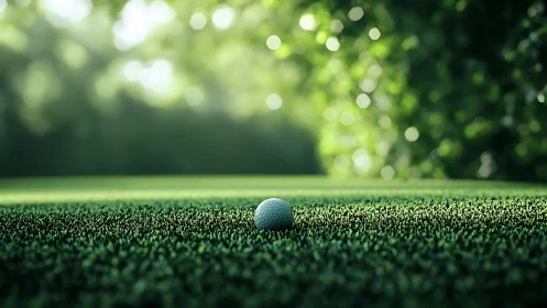 Photorealistic golf ball on sunlit fairway with bokeh depth.