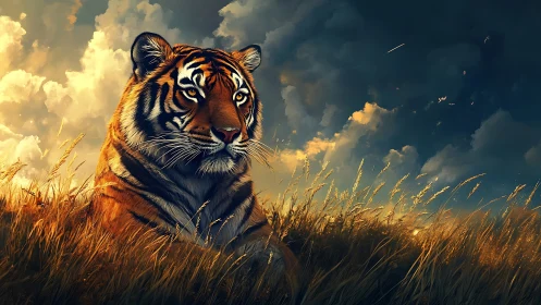 Majestic tiger watches a stormlit savanna sky at dusk.