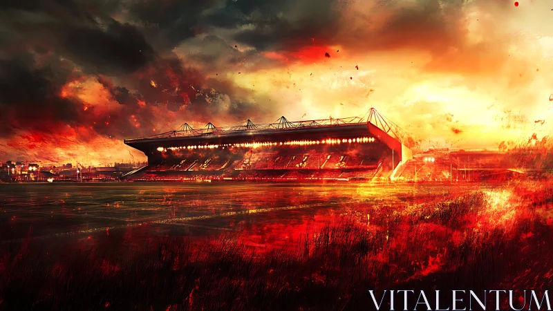 Football stadium under intense red sky at sunset.