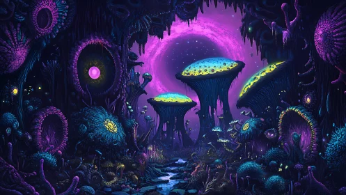 Bioluminescent alien forest with luminous fungal megastructures