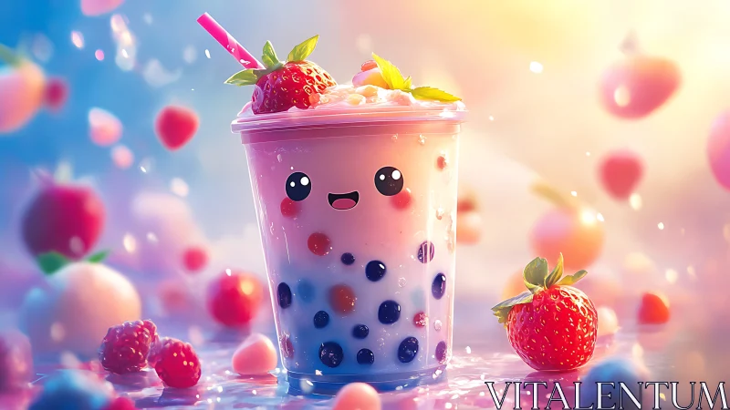 Smiling strawberry bubble tea cup glows in soft pastel light