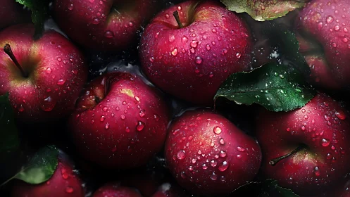 Ruby apples gleam under raindrops in lush dark still life.