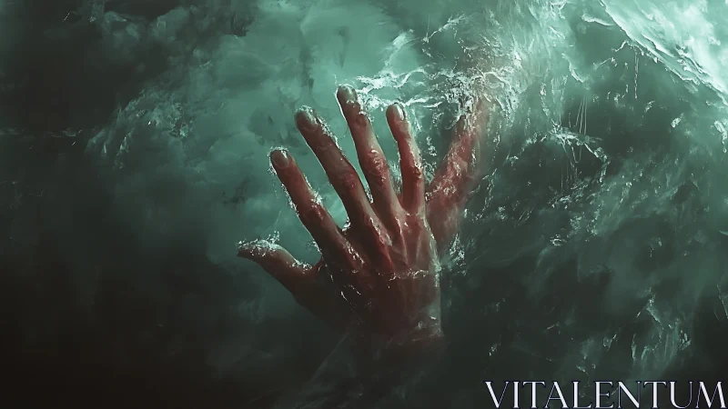 Drowning hand rising through stormy teal waters.