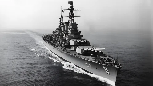 Naval battleship underway on calm open ocean waters.