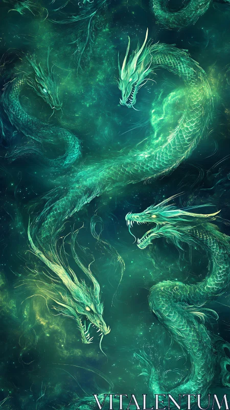 Serpentine dragon forms coil through luminous teal nebula