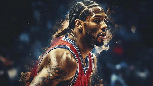 Focused basketball player portrait in dynamic motion.