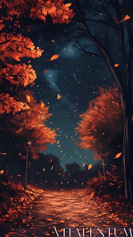 Starlit autumn path where drifting leaves meet nightfall.