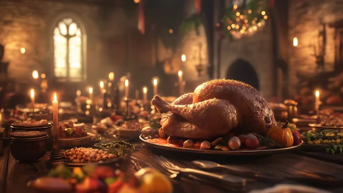 Golden holiday turkey glowing at the heart of a cozy feast.
