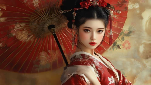 Geisha portrait with red parasol and ornate floral kimono.