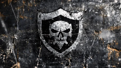 Grunge skull emblem on shield within distressed concrete field.