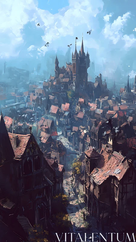 Medieval hilltop castle crowns a bustling fantasy cityscape.