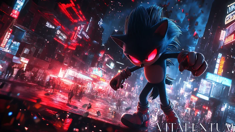 Cybernetic blue hedgehog silhouette in neon-soaked city storm