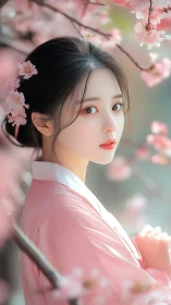 Girl in pink kimono stands amid soft spring cherry blossoms