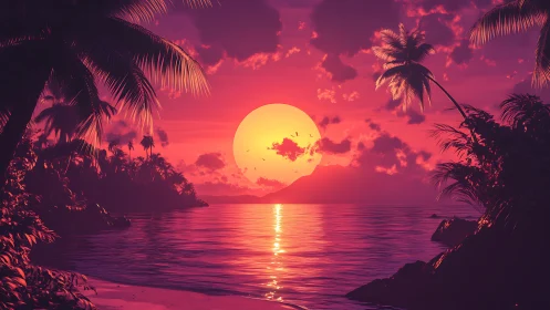 Tropical sun melts into neon horizon over tranquil lagoon