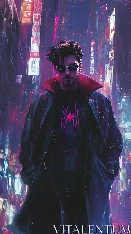 Cool night hero strolling through neon soaked city streets.