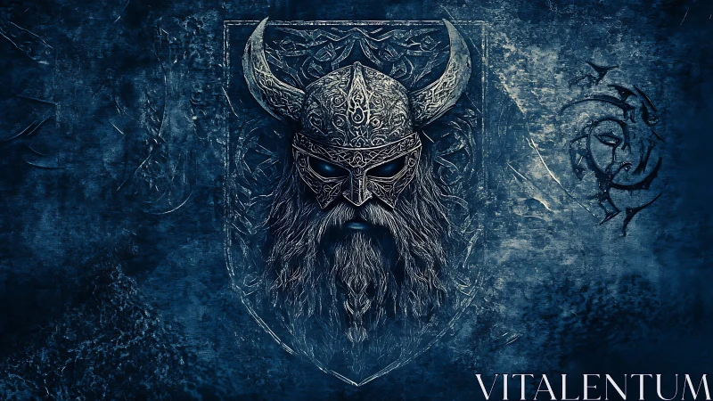 Viking warlord portrait with ornate horned helm in blue mist.