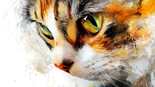 Feline Portrait with Dynamic Watercolor Rendering and Emerald-Amber Iris Definition