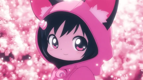 Pink hooded anime character with cat ears in soft focus scene.