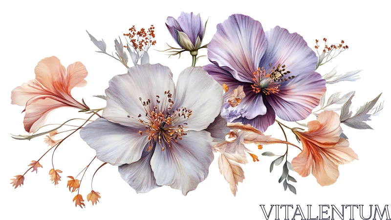 Botanical Watercolor Arrangement with Purple and Peach Florals.