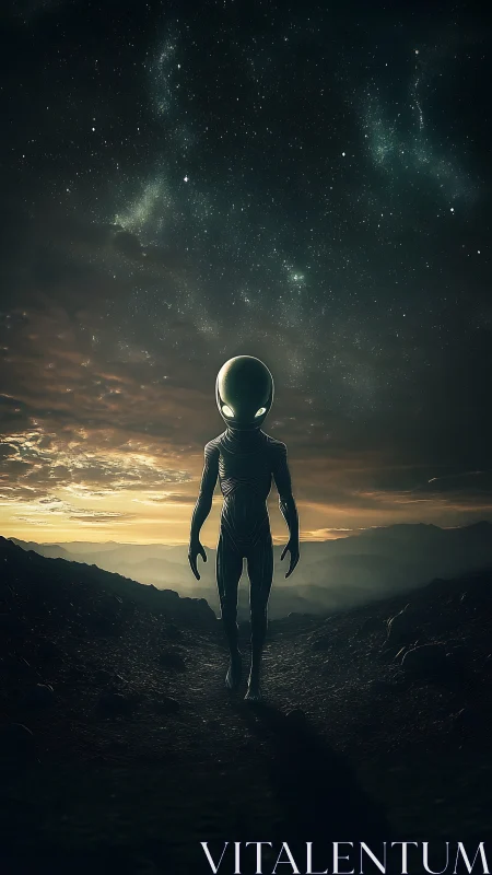 Starlit alien wanderer walks a lonely path at dusk