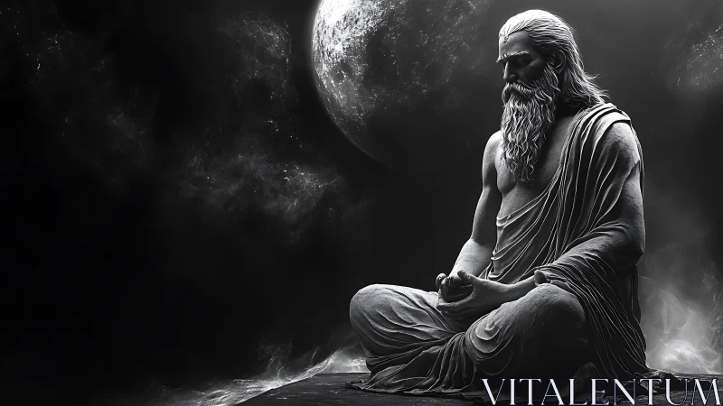 Monochrome yogic sage meditating under high-contrast cosmic moon