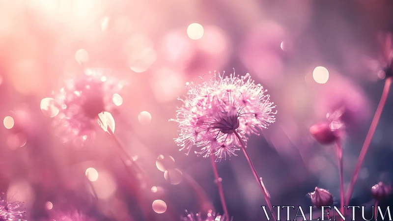Pink Dandelion Seed Heads With Soft Bokeh Lights.