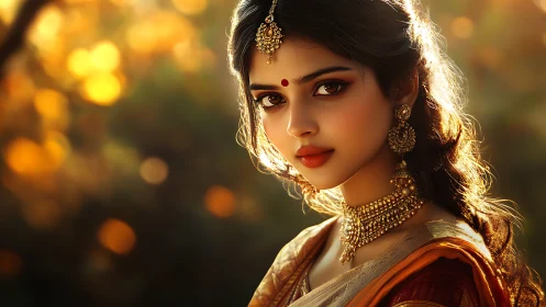 Backlit portrait of woman in ornate Indian jewelry and sari