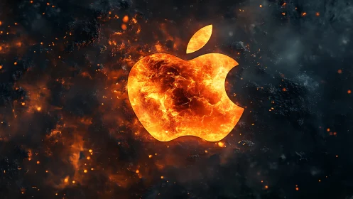 Fiery Apple Logo Emerging from Burning Debris Explosion