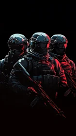 Tactical strike team waits in neon shadows before assault