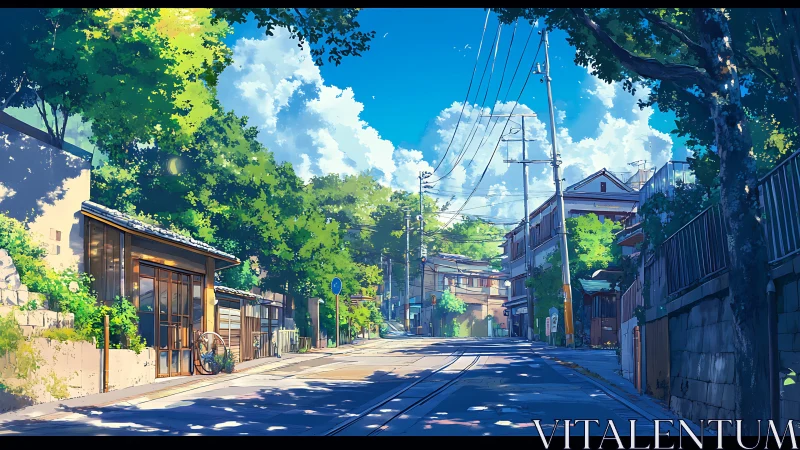 Residential street with tram tracks under clear daylight sky.