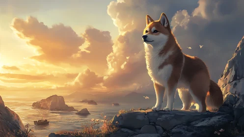 Sunset lookout with a brave fox dog by the glowing sea.