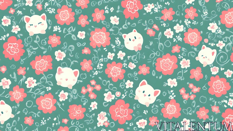Whimsical Garden Pattern: Cute Cats and Coral Florals.