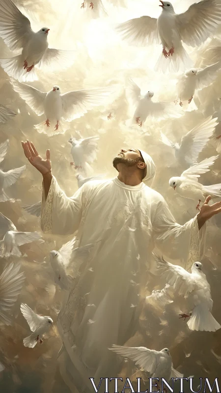 Digital painting of robed figure in luminous doves’ ascension.